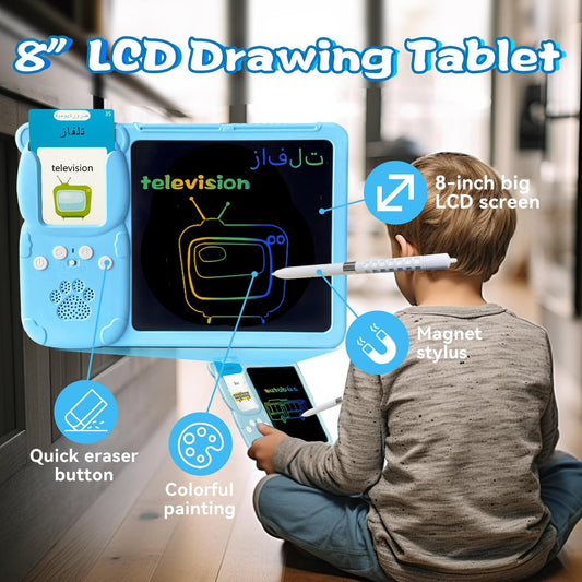 Talking English & Spanish Flash Cards - 8" LCD Writing Tablet for Kids 3-12, Bilingual 510 Sight Words, Toddler Pocket Speech, Drawing Sketch Pad, Autism Toys for Boys (Spanish, Blue)
