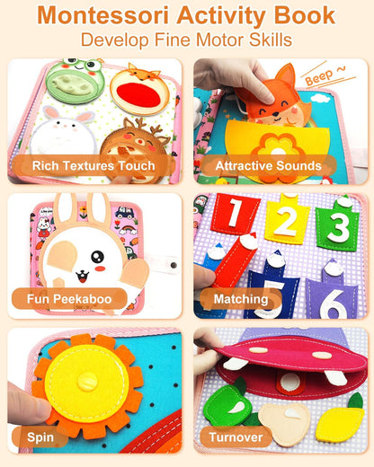 Felt Busy Book for Toddlers 1-3, Montessori Busy Board for 1 Year Old, Quiet Book Airplane Travel Toys, Sensory Early Learning Educational Toy, Road Trip Activity Books, Girls Birthday Gifts
