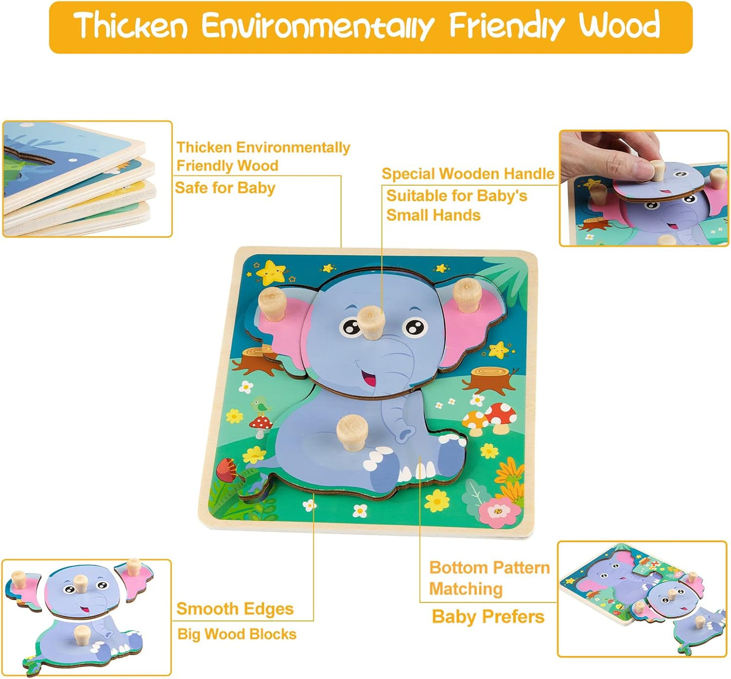 Wooden Puzzles for Toddler Peg Puzzle Toys, Wooden Jigsaw Puzzles Zoo Animal Patterns Puzzle with Handles Educational Montessori Puzzles