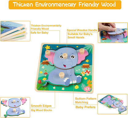 Wooden Puzzles for Toddler Peg Puzzle Toys, Wooden Jigsaw Puzzles Zoo Animal Patterns Puzzle with Handles Educational Montessori Puzzles