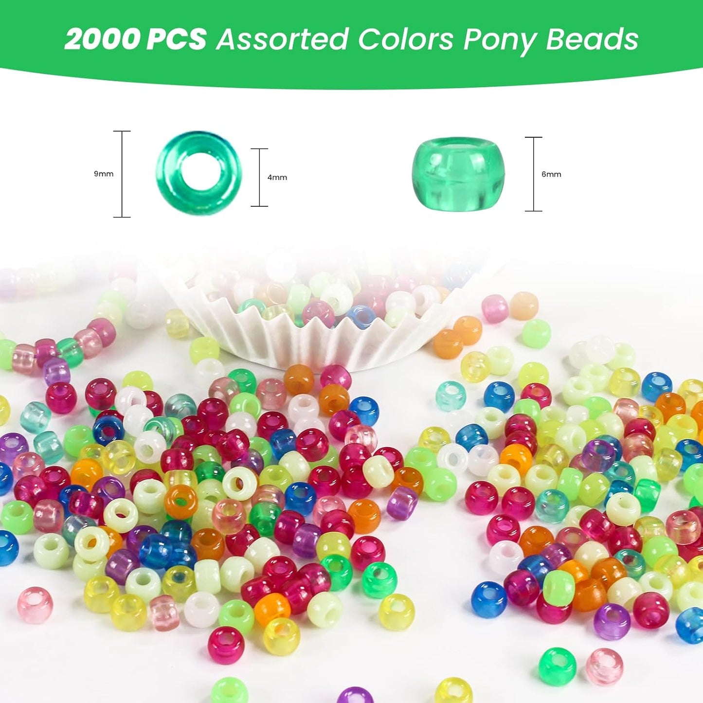 2000 Pcs Multi-Colored Glitter Pony Beads, 6x9mm, Round, Acrylic, Loose Beads, Perfect for Bracelets, Jewelry Making, Crafts