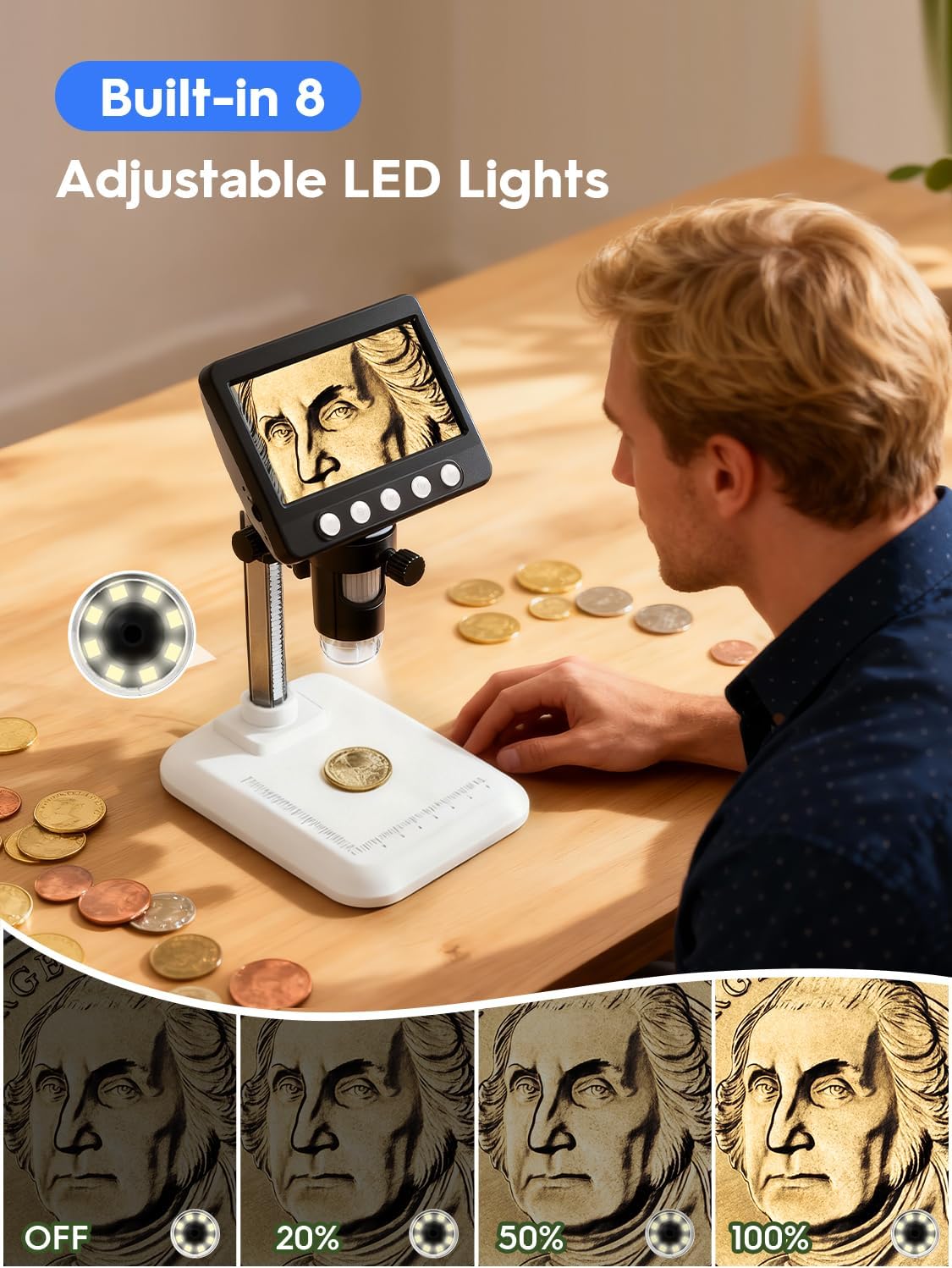 Coin Microscope, 4.3" LCD USB Digital Microscope 1000X Coin Magnifier with 8 Adjustable LED Lights, 1080P PC View Compatible with Windows/MacBook for Adults Kids