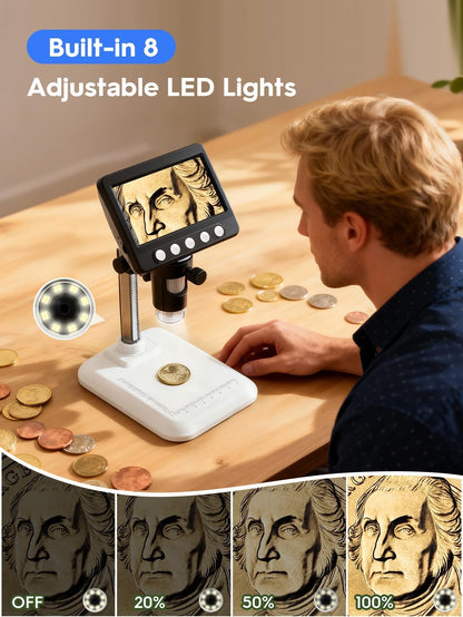 Coin Microscope, 4.3" LCD USB Digital Microscope 1000X Coin Magnifier with 8 Adjustable LED Lights, 1080P PC View Compatible with Windows/MacBook for Adults Kids