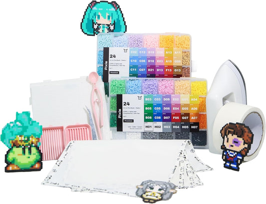 Pixiecraft Fuse Beads Kit 48 Colors 24,000 Count, 2.6mm Mini Size Set 58 pcs with Pegboards Tweezers, Ironing Paper, Mini Iron, Creative Gift for Kids Teens Adults (48 Colors with Tool Set)