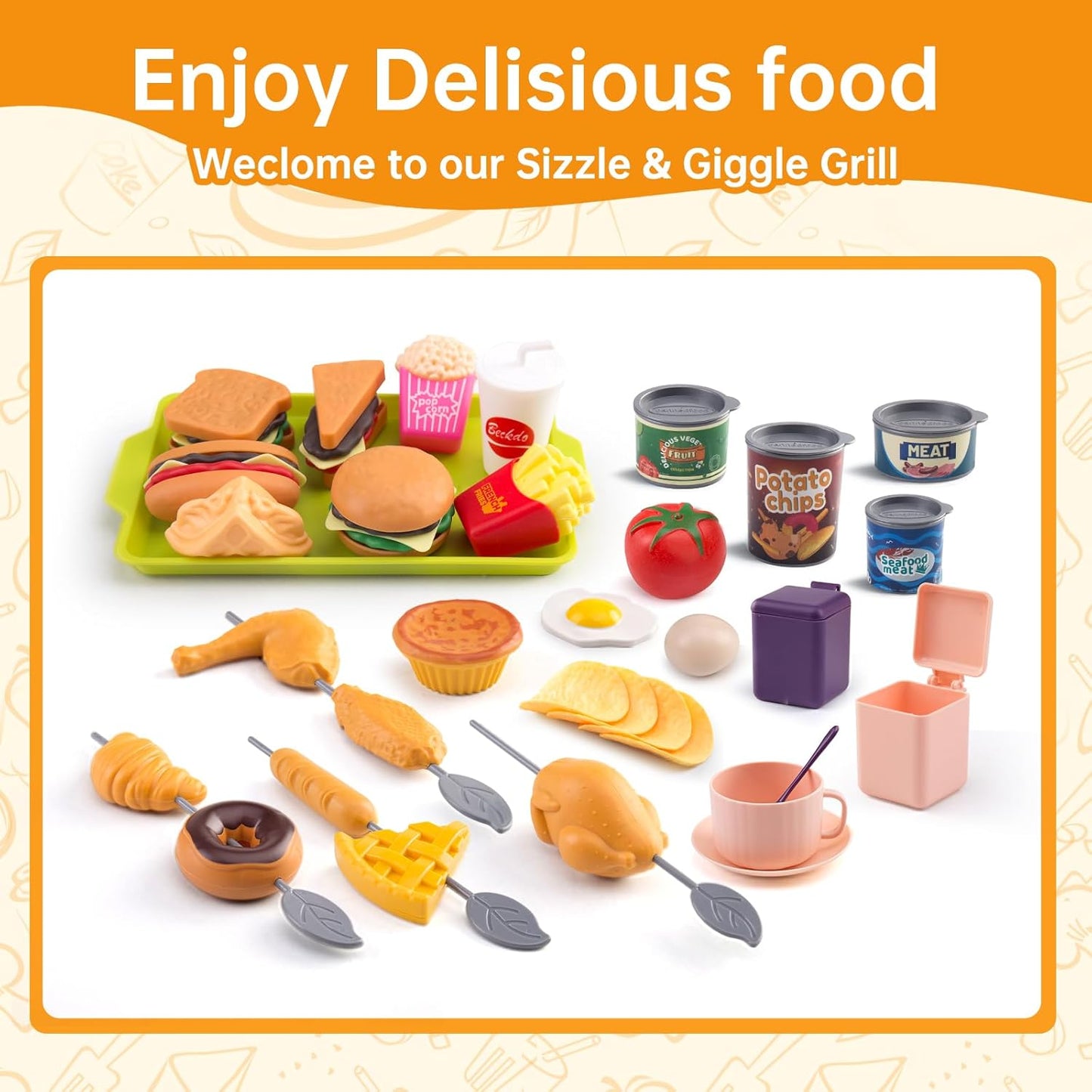 60Pcs Kids Mini Play Kitchen Accessories, Pretend Cooking Play Set with Cookware, Tableware & Fruit & BBQ Sets, Learning Gift for Boys, Girls, Toddlers,Yellow