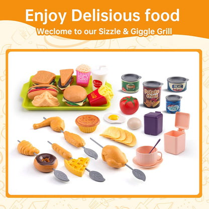 60Pcs Kids Mini Play Kitchen Accessories, Pretend Cooking Play Set with Cookware, Tableware & Fruit & BBQ Sets, Learning Gift for Boys, Girls, Toddlers,Yellow