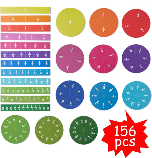 ZazzyKid Magnetic Fraction Tiles & Circles, 156pcs, 12 Color Coded, Fraction Manipulatives