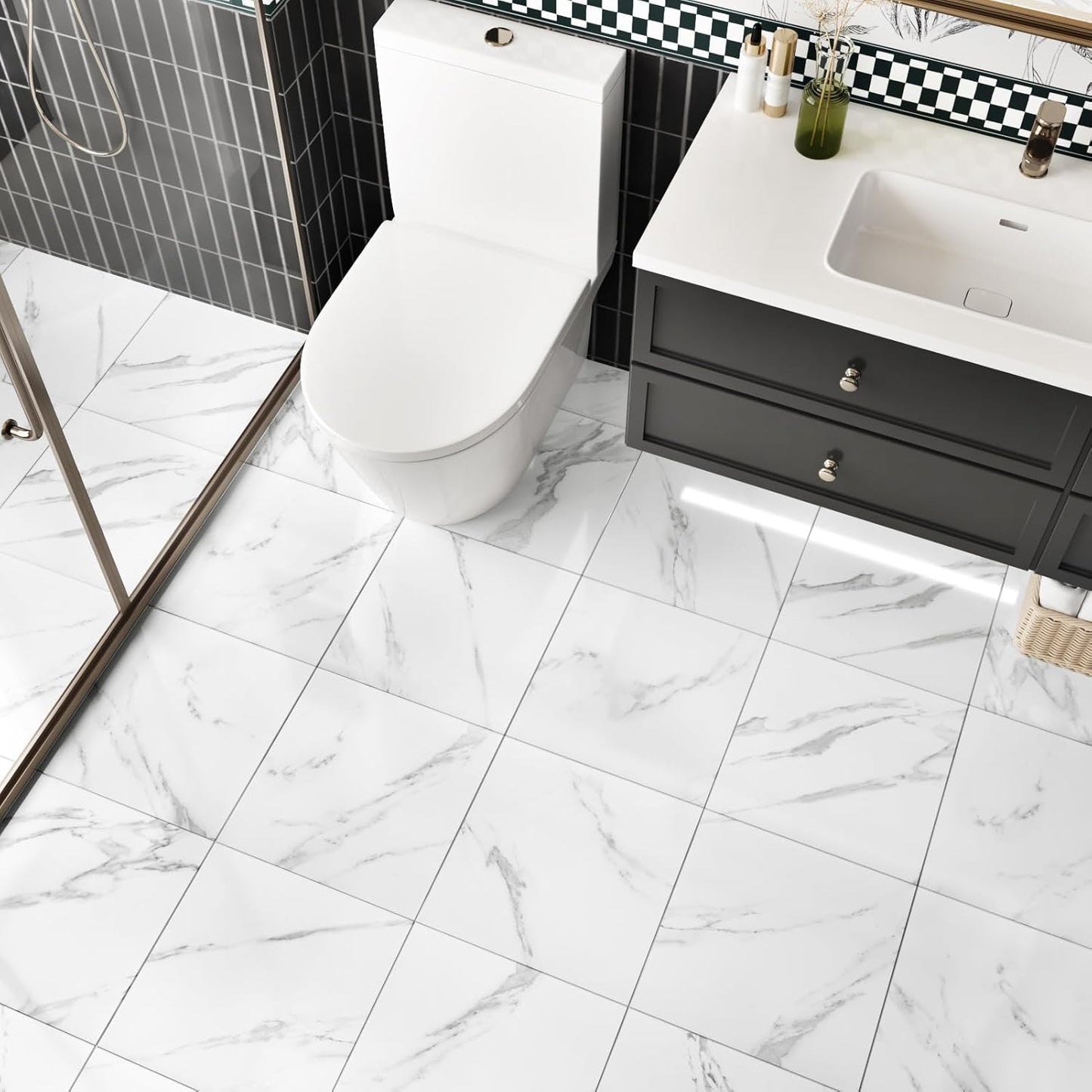 Wallercity White Marble Peel and Stick Vinyl Floor Tiles 6-Pack 12x12 Inches Self Adhesive Waterproof Flooring Planks for Bathroom Kitchen Bedrooms Stick on Floor Tiles Laminate Sheets Vinyl Flooring