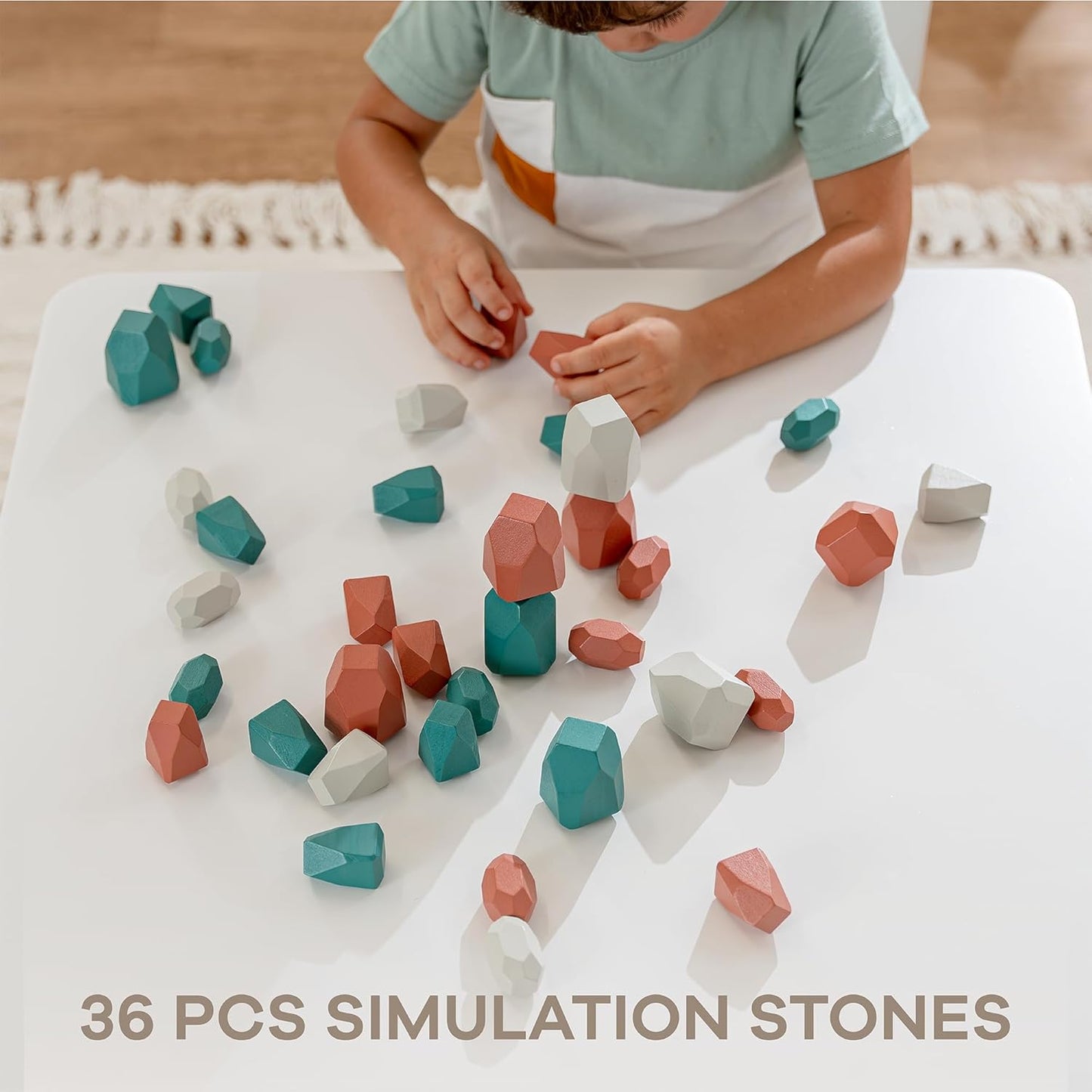 Comfy Cubs Stacking Rocks 36 Pieces, 36 Months+, Educational Toddler Stacking Blocks, Promotes Imagination, Balance & Fine Motor Skills - Wooden Rocks Sensory Toys Gift for Kid, Neutral Pack