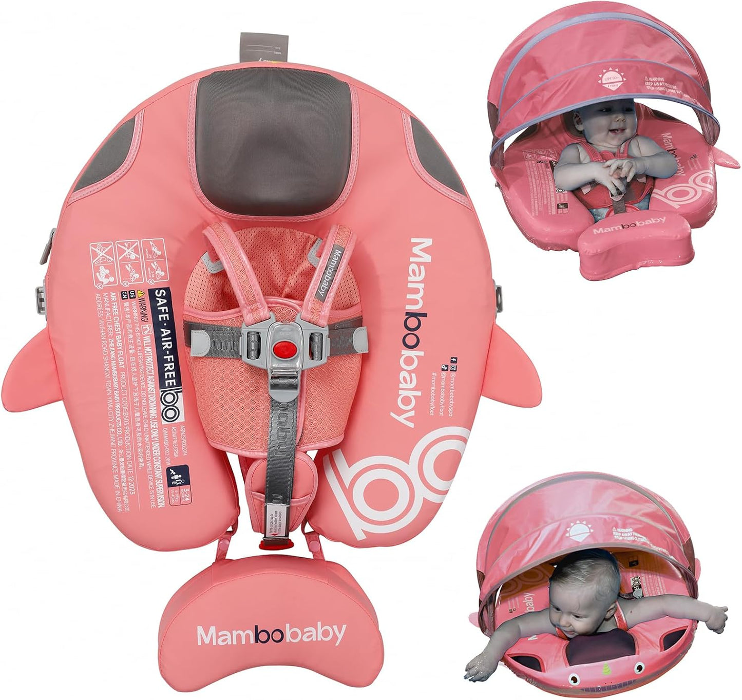 Baby Pool Float with UPF50+ 3D Adjustable Canopy, Add Tail Mambobaby Float Non Inflatable Infant Floats for Pool, Cartoon Narwhal Baby Floats (NPink with Canopy-U05NPCTLUROHML01U05)