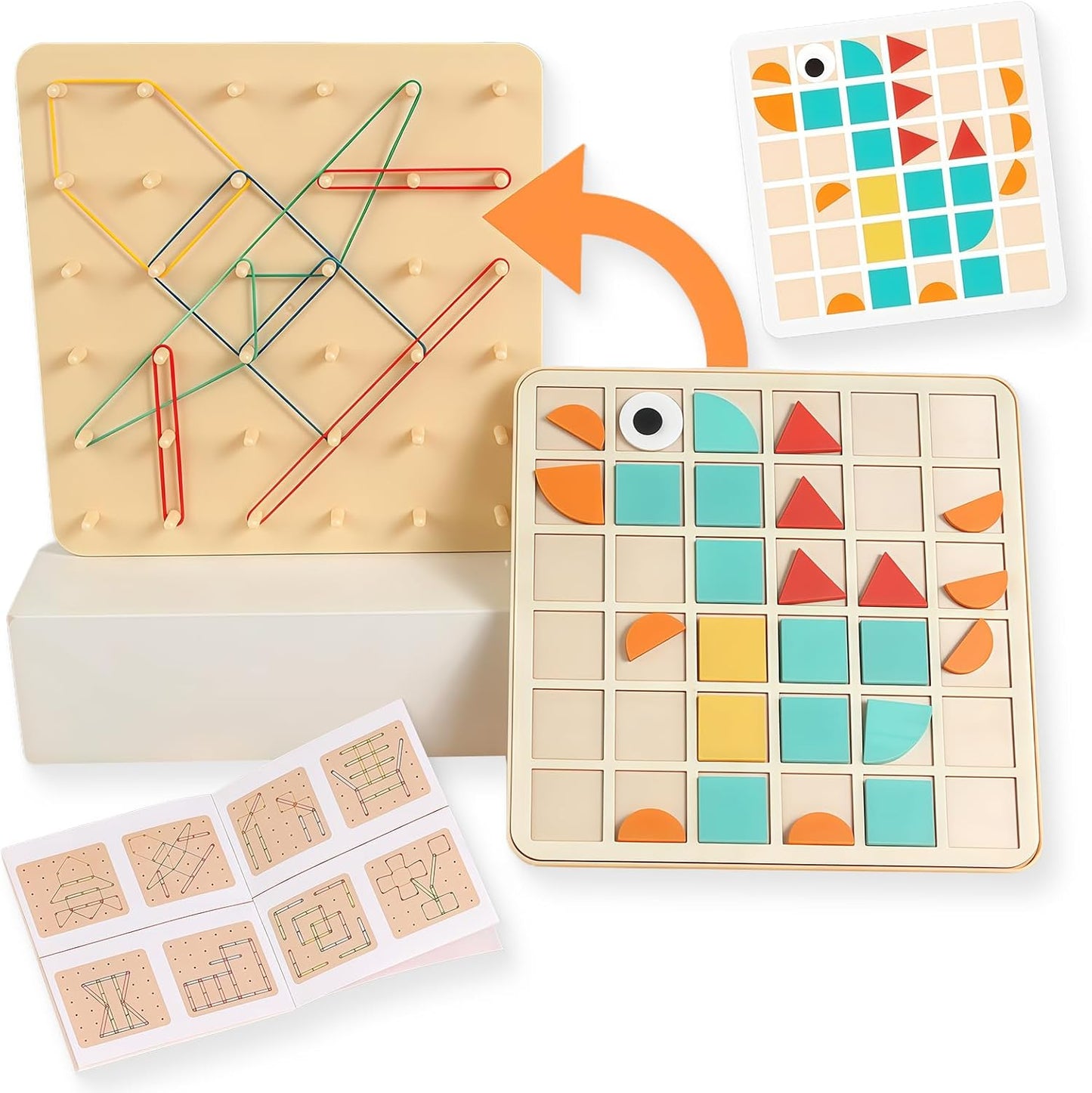 2-in-1 Mosaic Shape Wooden Pattern Blocks Puzzle & Wooden geoboard, Double-Sided Montessori Toys with 120 PCS Blocks, 40 Rubber Bands, 30 Cards