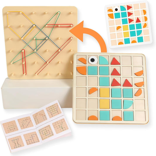 2-in-1 Mosaic Shape Wooden Pattern Blocks Puzzle & Wooden geoboard, Double-Sided Montessori Toys with 120 PCS Blocks, 40 Rubber Bands, 30 Cards