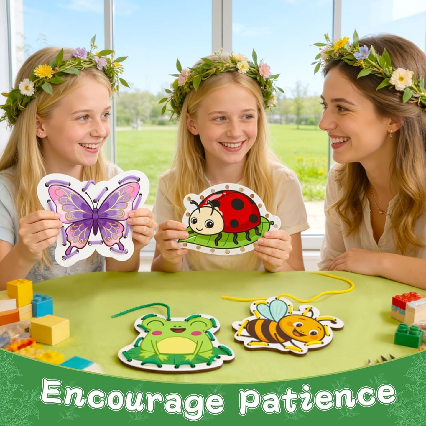 Montessori Wooden-Lacing Cards, Fine Motor Skills, Cute Bear Lacing Cards (Forest)