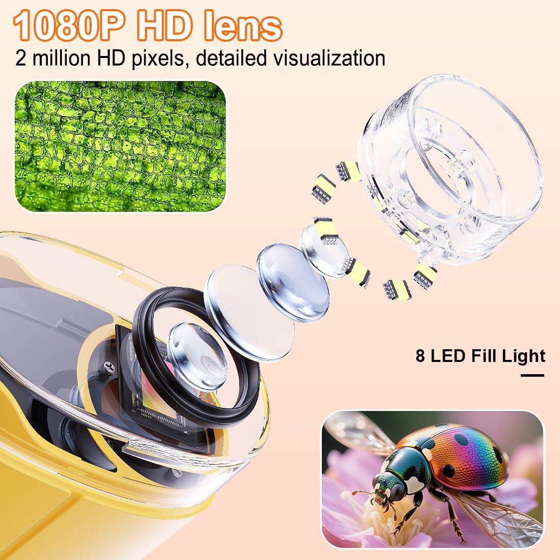 1000X Handheld Digital Microscope for Kids, 4K Kids Microscope with 2.4" Screen, 200–1000X Magnification, Portable STEM Educational Toy for Boys and Girls Ages 5–12 (White)