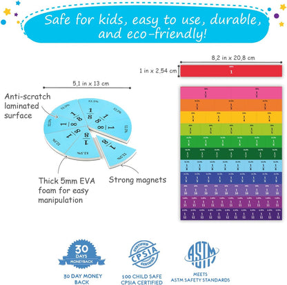 166 PCS Simply Magic Magnetic Fraction Tiles & Fraction Circles with Percentages - Fraction & Percent Strips & Bars, Fraction Manipulatives Class Set, Teaching Learning Fractions, Math Manipulatives