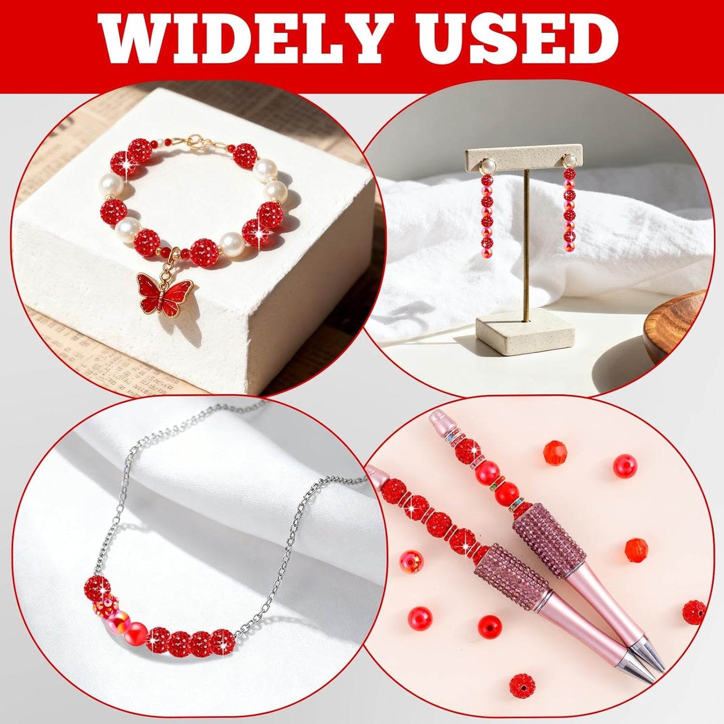 300 Pcs Diamonds Beads for Jewelry Making, Included 10 mm Red Rhinestone Beads for Bracelets, Bubblegum Bead for Pen Making, Pearl and Spacer Bead for Bracelet Necklace Earring Crafting