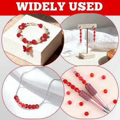 300 Pcs Diamonds Beads for Jewelry Making, Included 10 mm Red Rhinestone Beads for Bracelets, Bubblegum Bead for Pen Making, Pearl and Spacer Bead for Bracelet Necklace Earring Crafting