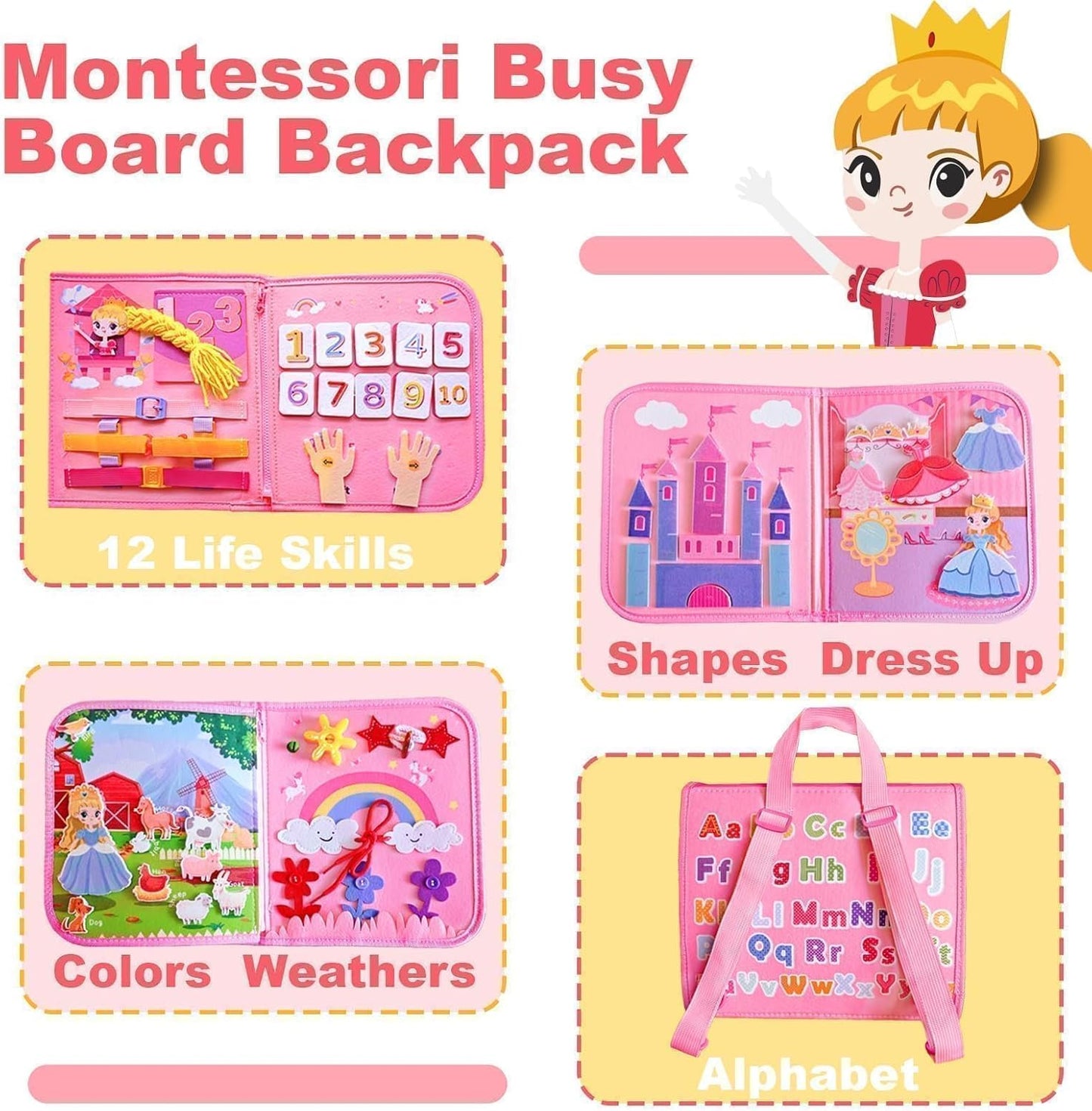 Montessori Busy Book for Toddlers 1 3, 19 in 1 Educational Learning Toys for Toddlers 2 4，Sensory Fine Motor Skills Activity Board for Girls Birthday Gifts,Busy Book Travel Toys