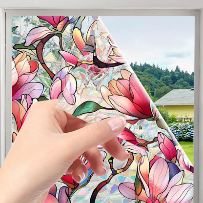Flower Stained Glass Window Film Decorative Static Cling Stickers Sun Blocking Privacy Decals for Home Car White Lily