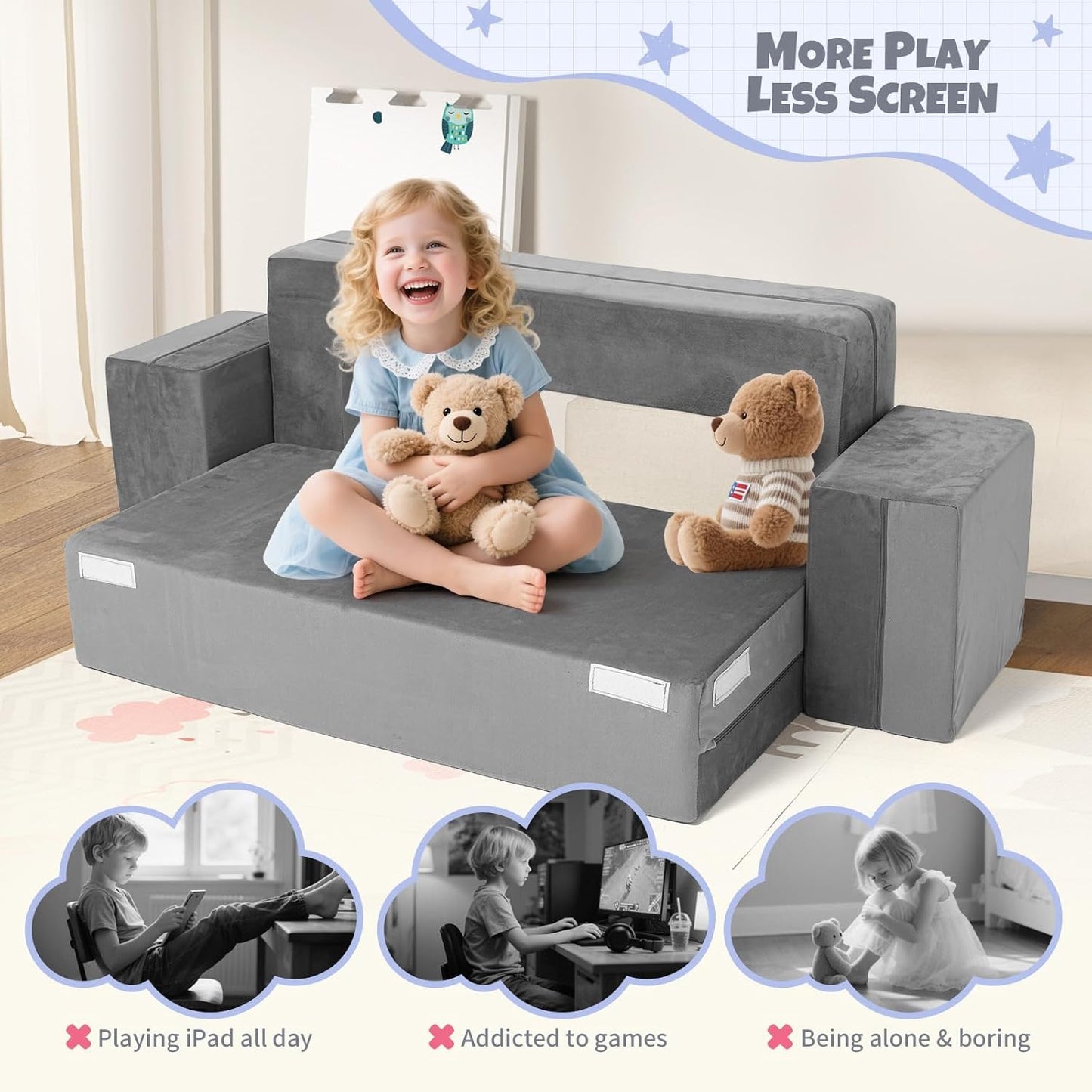 Tangram Puzzles modular kids play couch building fort, Children explorer sofa with Ball Pit, Kids playroom convertible furniture for Inspiring Child Creativity, Made entirely of sponge (Blue Series)