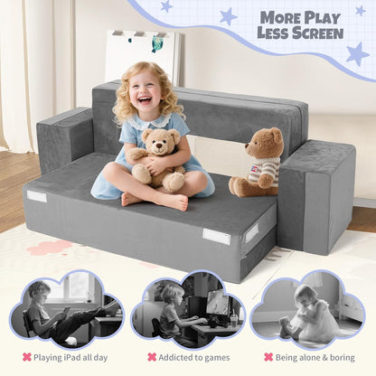 Tangram Puzzles modular kids play couch building fort, Children explorer sofa with Ball Pit, Kids playroom convertible furniture for Inspiring Child Creativity, Made entirely of sponge (Blue Series)