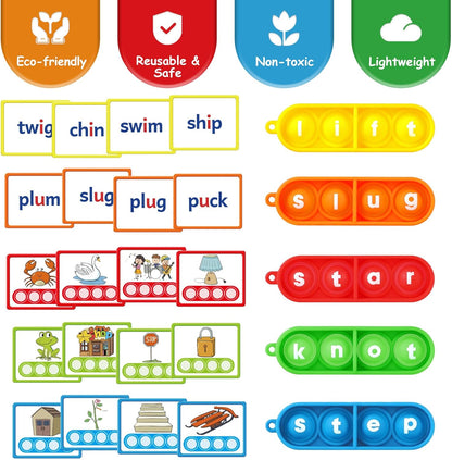 Aizweb CVC Word Games Kindergarten,Phonics Games for Kids Ages 3-8,CVC Pop its with Flash Cards for Preschool Special Education Classroom Supplies,Reading&Spelling Activity Manipulatives for Teachers