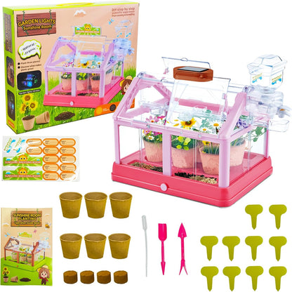 EXBEPE Kids Plant Growing Kit Greenhouse Growing Set Terrarium Kit Kids Science Educational DIY Plant Gardening Toy, Living Greenhouse with Solar Panel, Indoor Gardening Kit