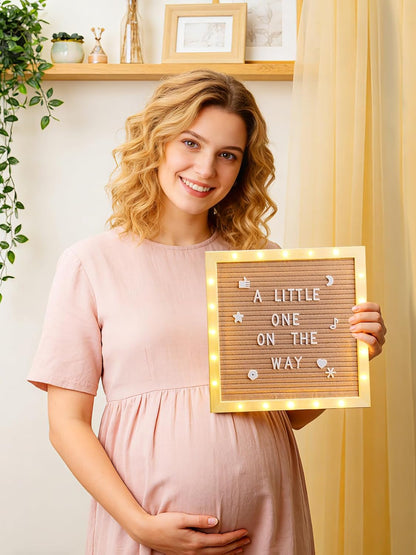 Changeable Felt Letter Board with LED Lights - 10×10" Message Custom Signs & Wood Stand & 450 Letters, Poster Board for Baby/Pregnancy Announcement/Classroom Wall Graduation Decor Gifts, Camel