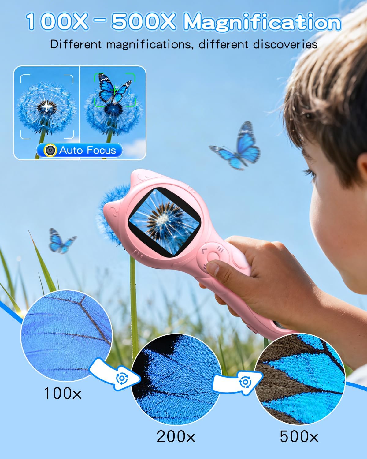 Oripira Kids Microscope Handheld, Autofocus 500X 1080P Microscope for Kids Digital, Mini Portable Pocket Miniscope Kids Toys for Ages 3 4 5 6 7 8 9 10 11 12 Year Old Boys Girls, Pink