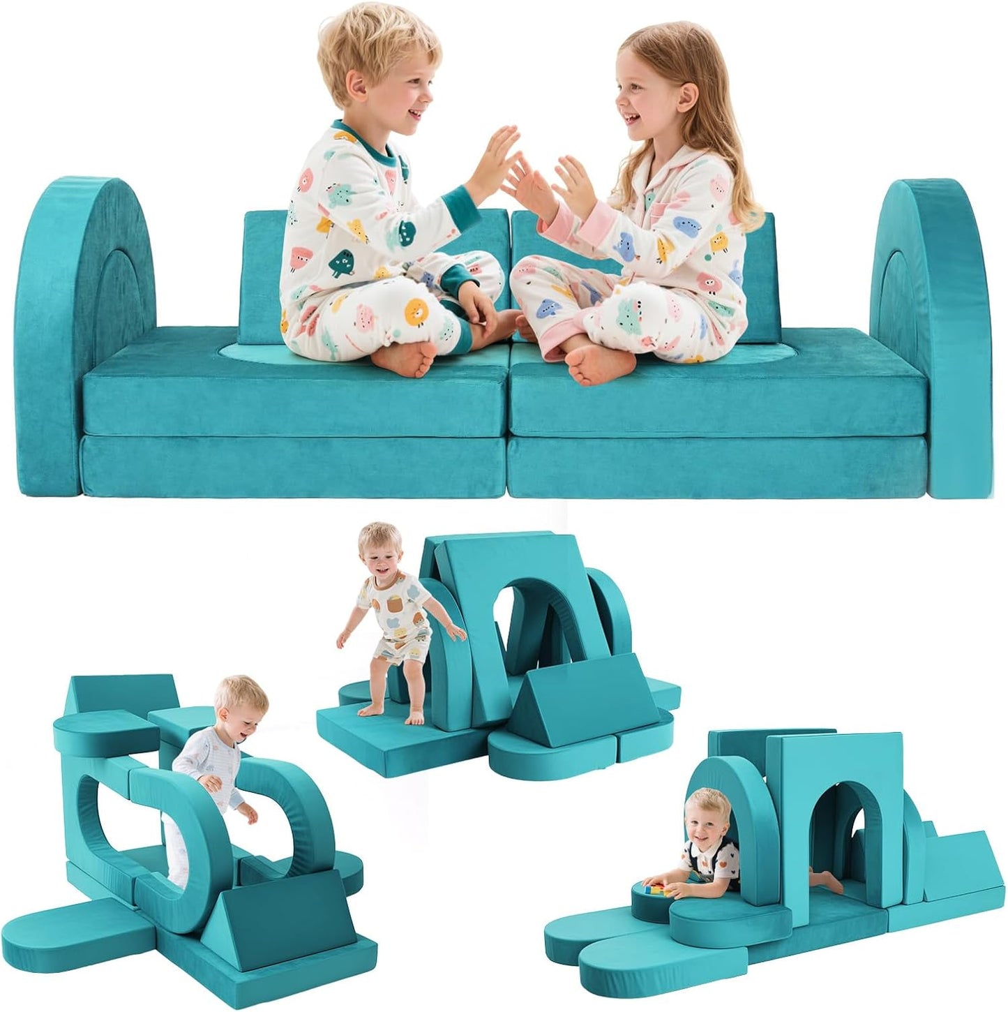 Tangram Puzzles modular kids play couch building fort, Children explorer sofa with Ball Pit, Kids playroom convertible furniture for Inspiring Child Creativity, Made entirely of sponge (Blue Series)