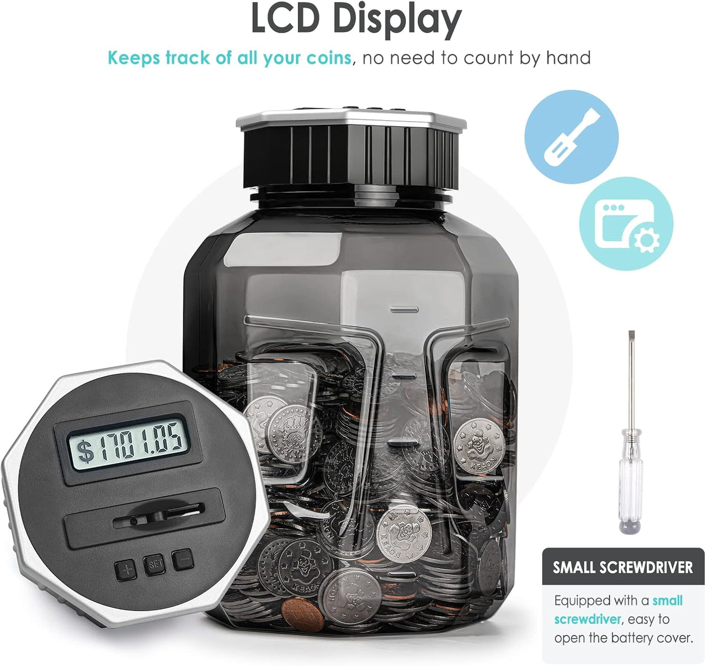 X-Large Piggy Bank for Adults Kids, Vcertcpl Digital Coin Counting Bank with LCD Counter, 2.4L Capacity, Great Coin Counter Bank Money Counting Jar with Total Amount Displayed, Bank for All US Coins