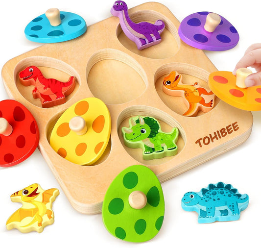 Wooden Puzzles for Toddlers 1-3 – Dinosaur Matching Egg Peg Puzzle, Montessori Sensory Toys for Boys & Girls, Early Learning Educational Toy