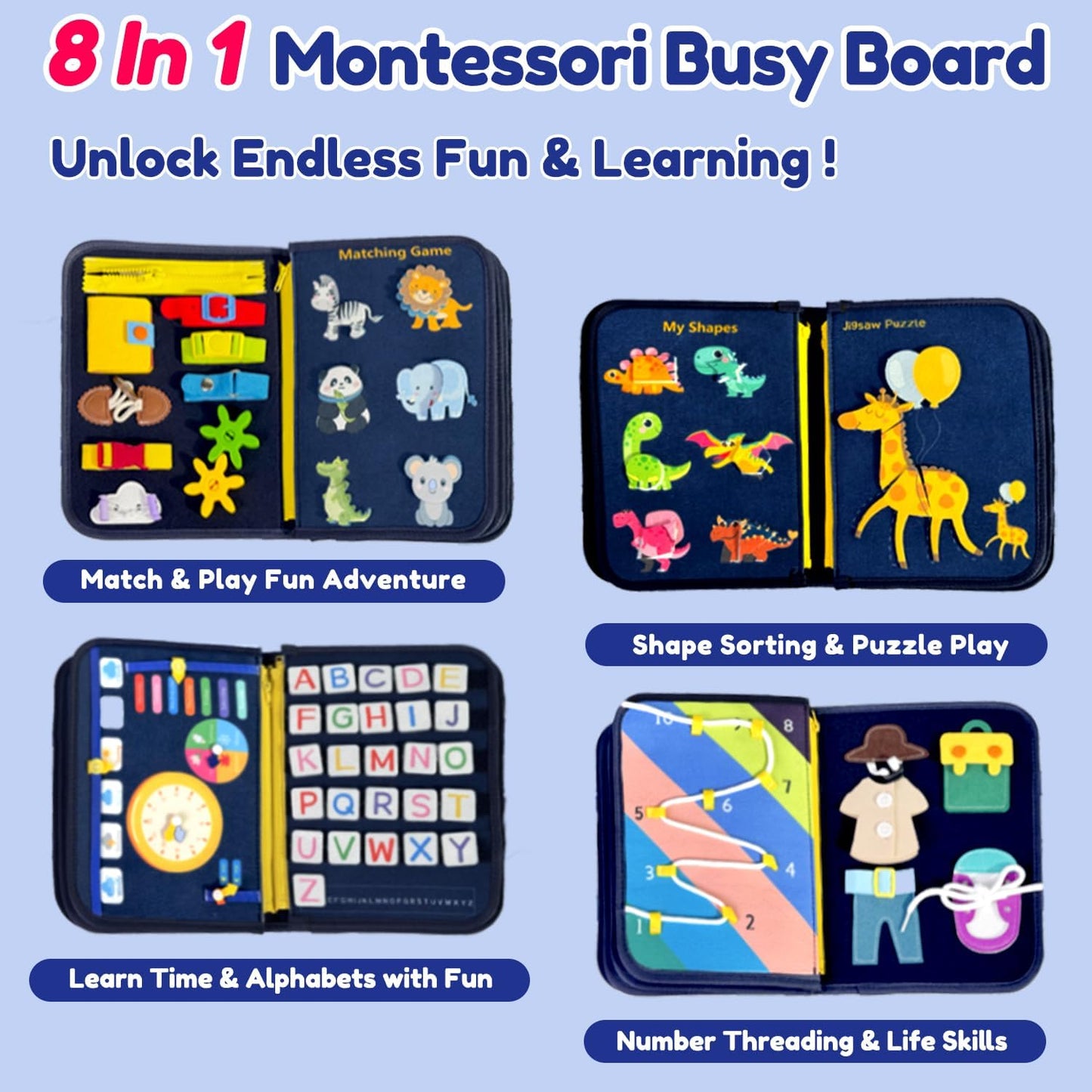 Qizfun Montessori Busy Board & Busy Book for Toddlers – Sensory & Learning Toy That Keeps Kids Busy, Travel Toy for Airplane & Car, Screen for Boys & Girls (Blue/P4)