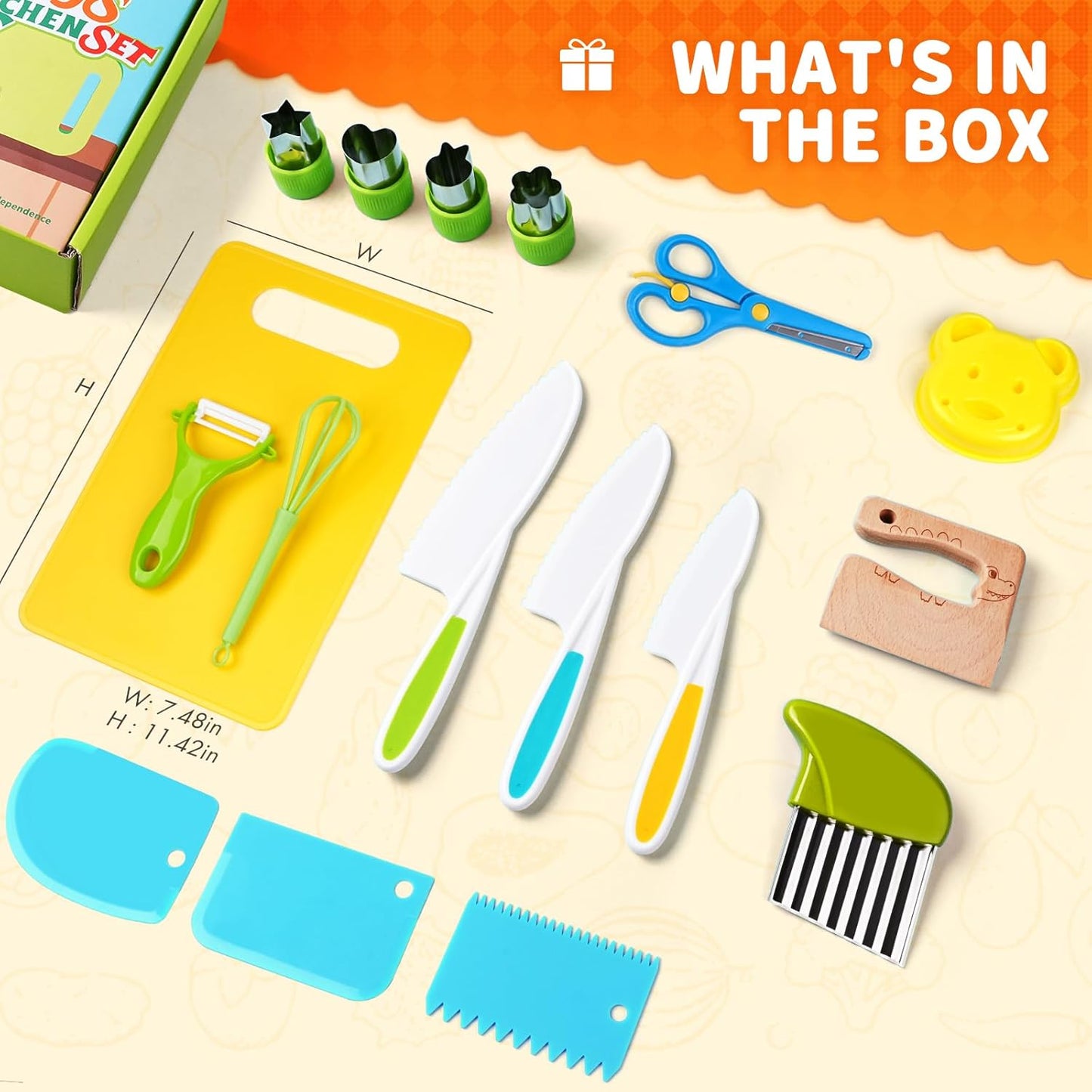 13 Pieces Montessori Kitchen Toys for Toddlers-Kids Cooking Sets Real-Toddler Toys Set for Real Cooking with Plastic Children Safe Knives Crinkle Cutter Kids Cutting Board