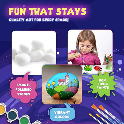 Rock Painting Kit for Kids 6-12 - 90+ Pcs Arts and Crafts Kit for Kids Painting - 10 White Rocks, 12 Paint Colors, Glitter Glue, Googly Eyes & More - Rock Art Supplies- DIY Arts & Crafts Easter Gifts