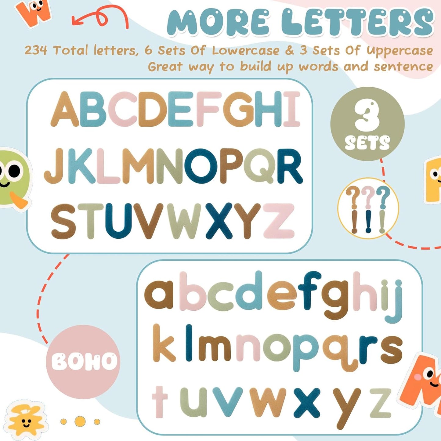 MotiMind 246 Pcs Soft Foam Magnetic Alphabet Letters Kit EVA Alphabet Learning Toys with Whiteboard and Pens Fridge Magnets for Preschool Kids Toddler Spelling and Learning (Boho Color)