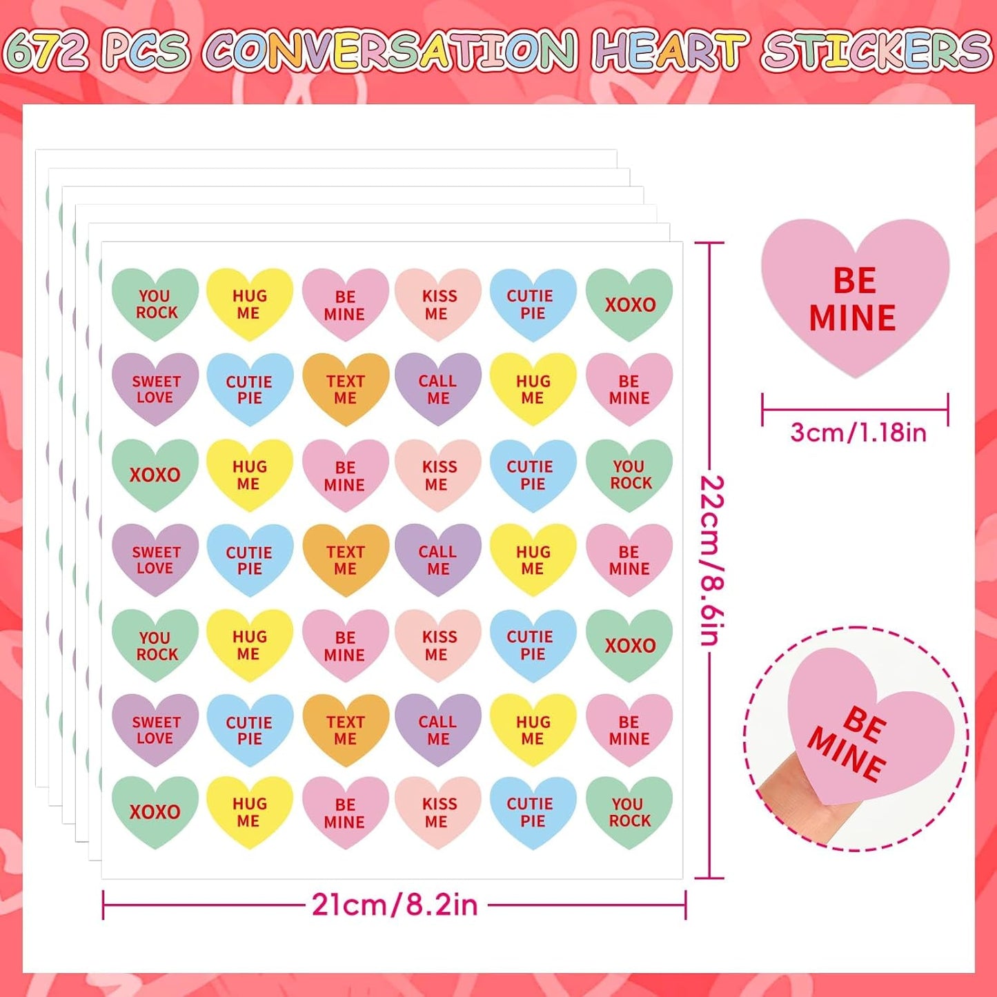 JULMELON 672 PCS Valentines Day Heart Stickers for Kids Conversation Heart Stickers Removable Labels Cards for Candy Envelopes Gifts Classroom Valentine’s Day Party Decorations