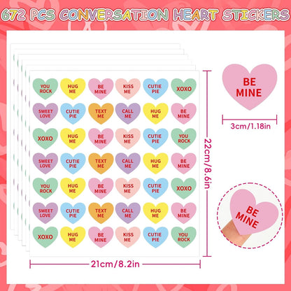 JULMELON 672 PCS Valentines Day Heart Stickers for Kids Conversation Heart Stickers Removable Labels Cards for Candy Envelopes Gifts Classroom Valentine’s Day Party Decorations