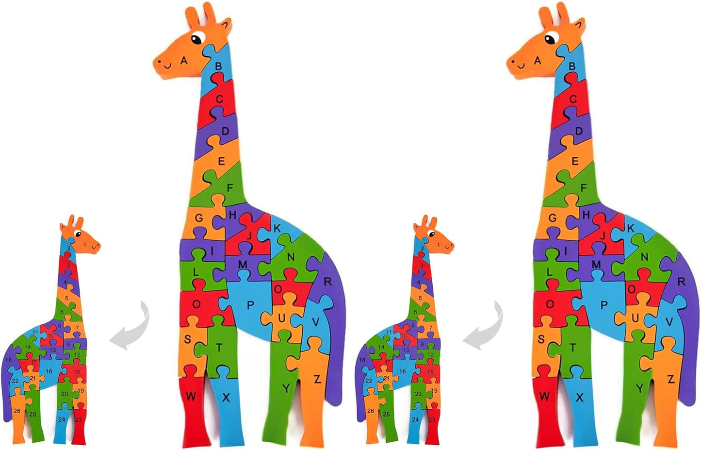 LovesTown Wooden Puzzles for Kids, Double Sided Giraffe Jigsaw with Alphabet & Numbers, Montessori Educational Toy for Toddlers, Chunky Animal Gift
