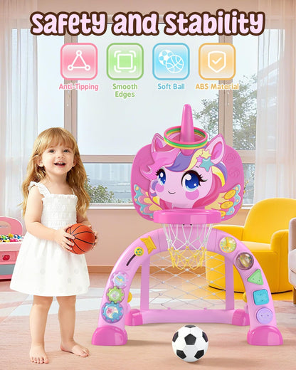 Toddler Basketball Hoop & Soccer Goal, Baby Toys for 1 2 3 Year Old Girls, Kids Sports Toys with Light Sound Music, Unicorn Musical Toys Gift, Christmas Birthday Gifts for Ages 12-18 Months