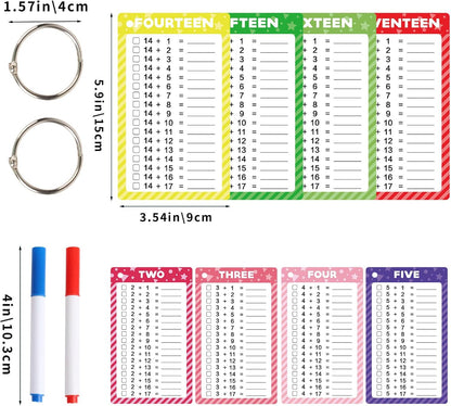 17 Pcs Addition Flashcards 0-16, Times Table Flash Cards with 2 Dry Erase Markers 2 Rings for Kids 1st to 3rd Grades Multiplication Game Supplies