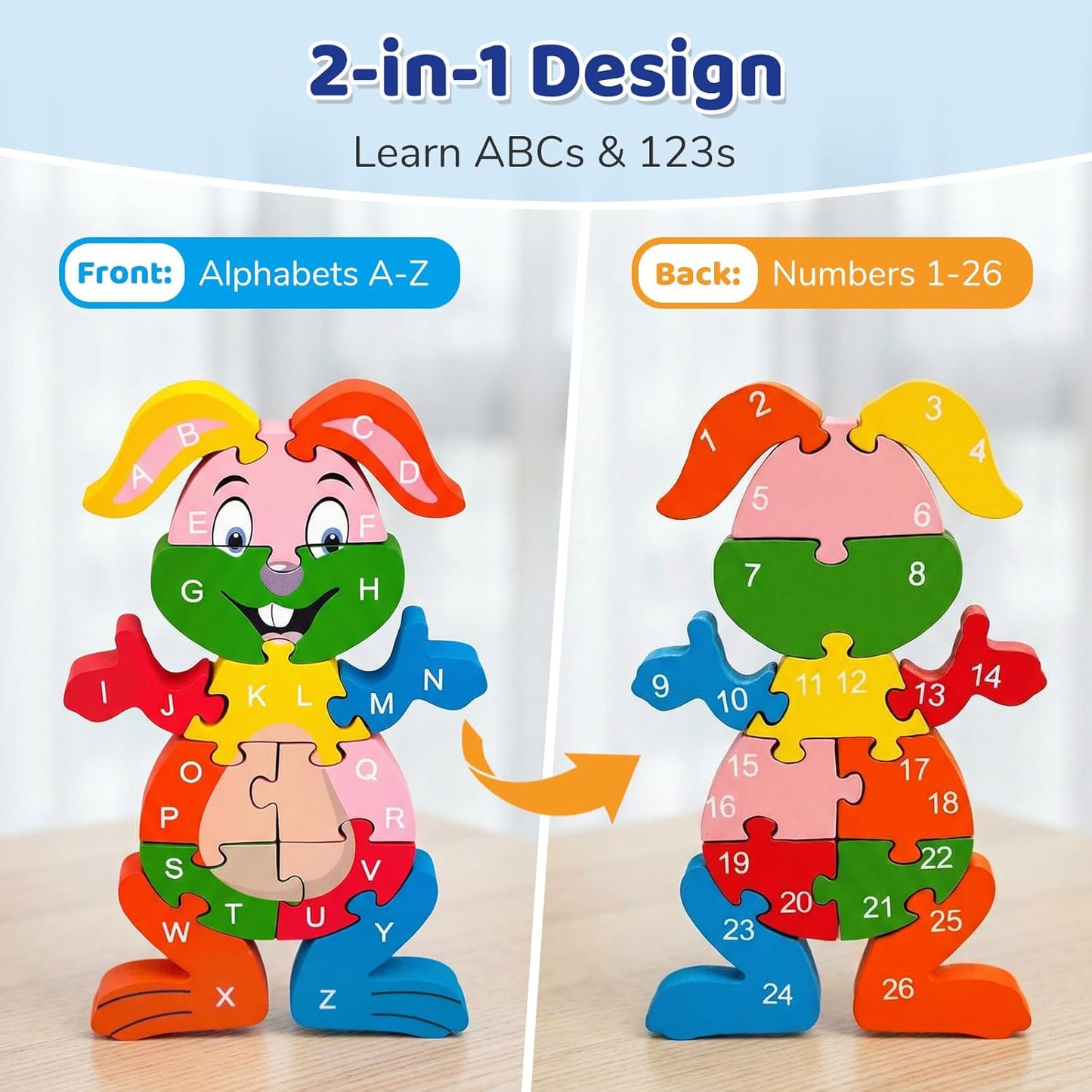 LovesTown Wooden Puzzles for Kids, Double Sided Giraffe Jigsaw with Alphabet & Numbers, Montessori Educational Toy for Toddlers, Chunky Animal Gift