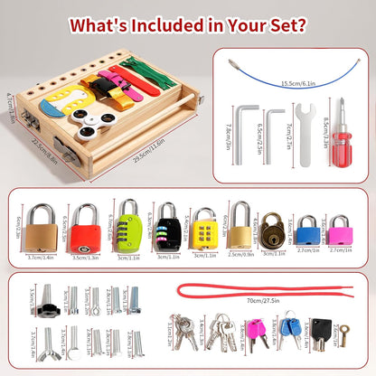 INIFEIDALA Montessori Wooden Busy Board - Fine Motor Skills Toys for 2-5 Year Old Boys Girls, Preschool STEM Life Skills Game, Latches Lock Key Sensory Toy, Screwdriver Board Set, Educational Gift