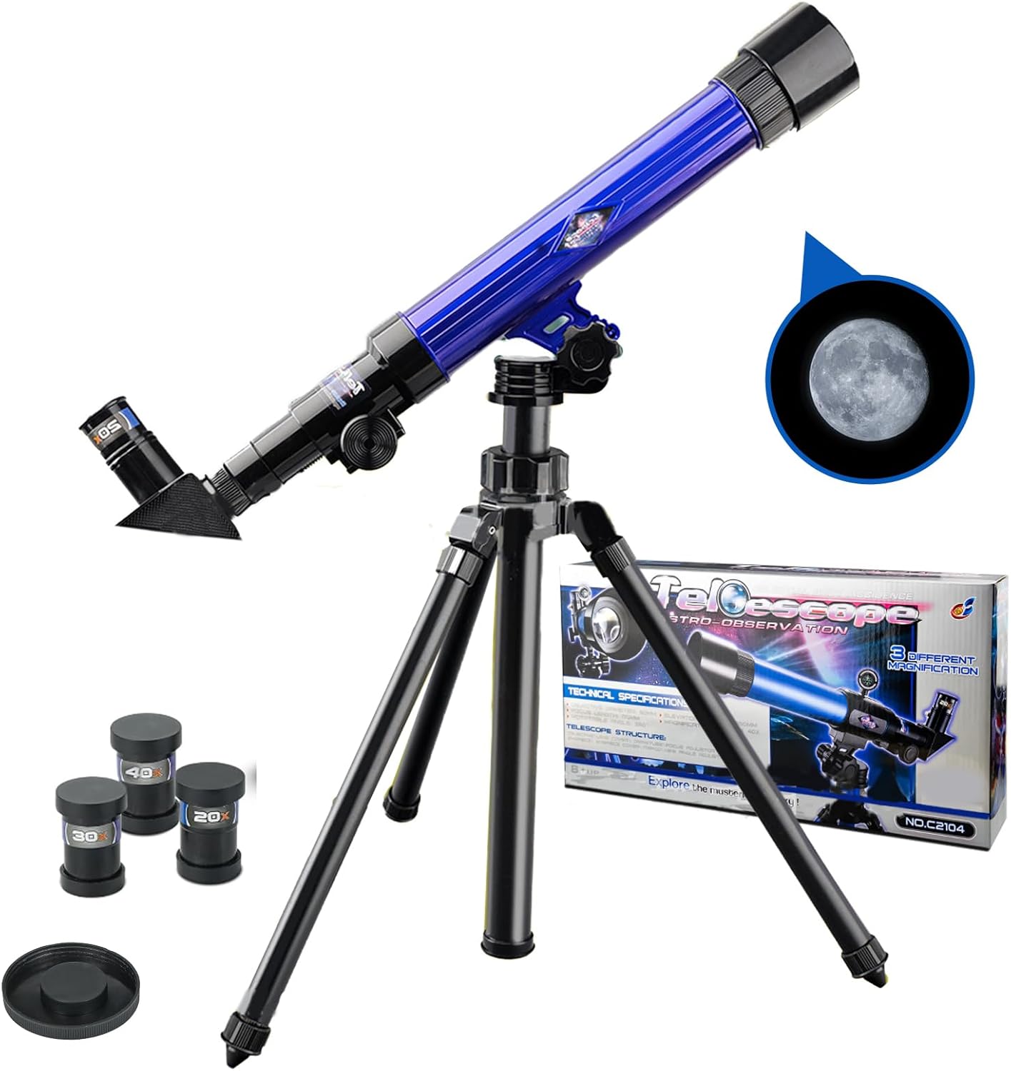 Telescope for Kids 8-12 - Beginner Astronomy Spyglass Telescopic Wish Compass,20x 30x 40x Magnification, Portable for Travel, Gift&Toy for Girls Boys（Blue）