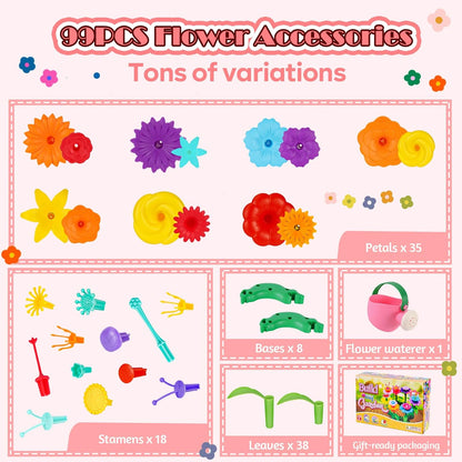 FUNZBO Girl Flower Garden Building Toys Set - Birthday Gifts for Age 2 3 4 5 6 Years Old Girls, STEM Montessori Educational Toy for Toddler Kids, Sorting & Stacking Spring Gardening Set