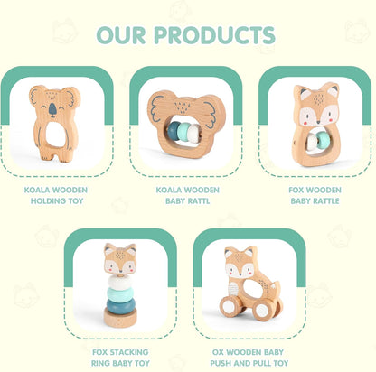 FReniland Wooden Montessori Baby Toys Set, 5-Piece Newborn Gift Set with Koala Rattle, Fox Stacking Rings & Push-Pull Toy for Boys and Girls