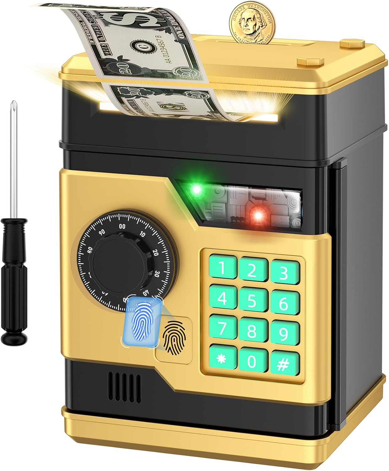 Piggy Bank, Automatic Electronic Piggy Bank for Kids Boys Girls with Password and Fingerprint Unlocking Simulation, Money Bank Kids Safe Toys for 3 4 5 6 7 8 9 10 Year Old Boy Girl (Black)