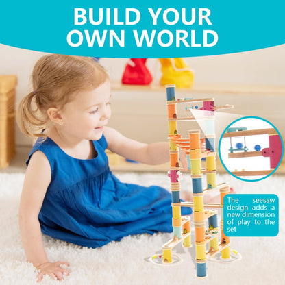 Bamboo Marble Runs Building Construction Toy Set with Musical Ball, 146pcs Simple Maze for Children Age 4+