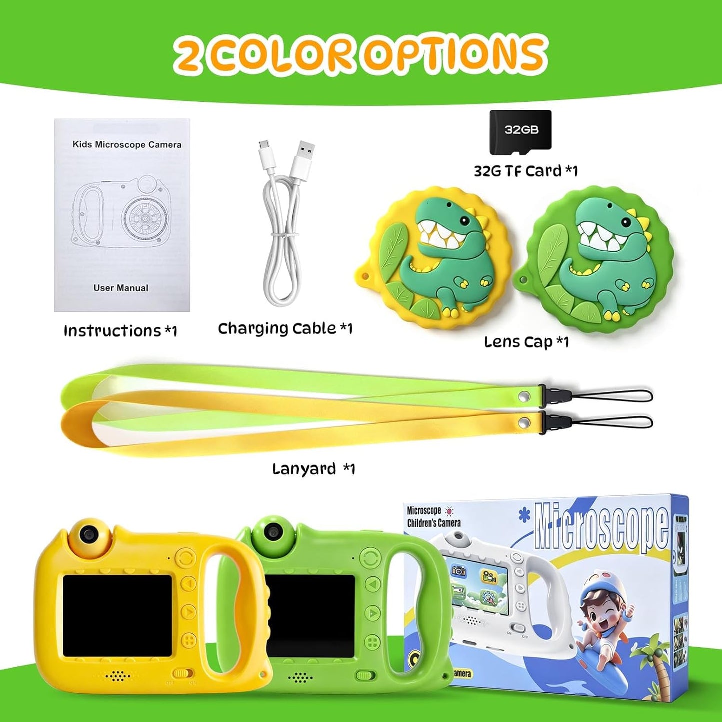 2 in 1 Kids Microscope & Camera, 1080p Hd Autofocus Digital Microscope, 48mp 1000x Magnification Handheld, Stem Educational Toy with 32gb Sd Card, Birthday for 3-12 Boys Girls (Yellow)