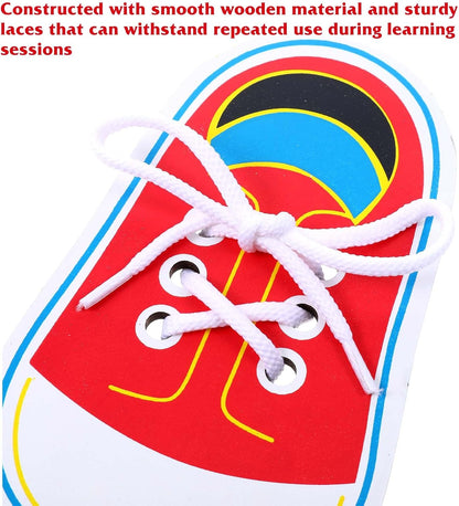 ElevateTech 2Pcs Wooden Lacing Shoe Shoe Lace Practice Board Threading Lacing Shoes Training Board Tying Practice Learning Educational Fine Motor Skills (Red White)
